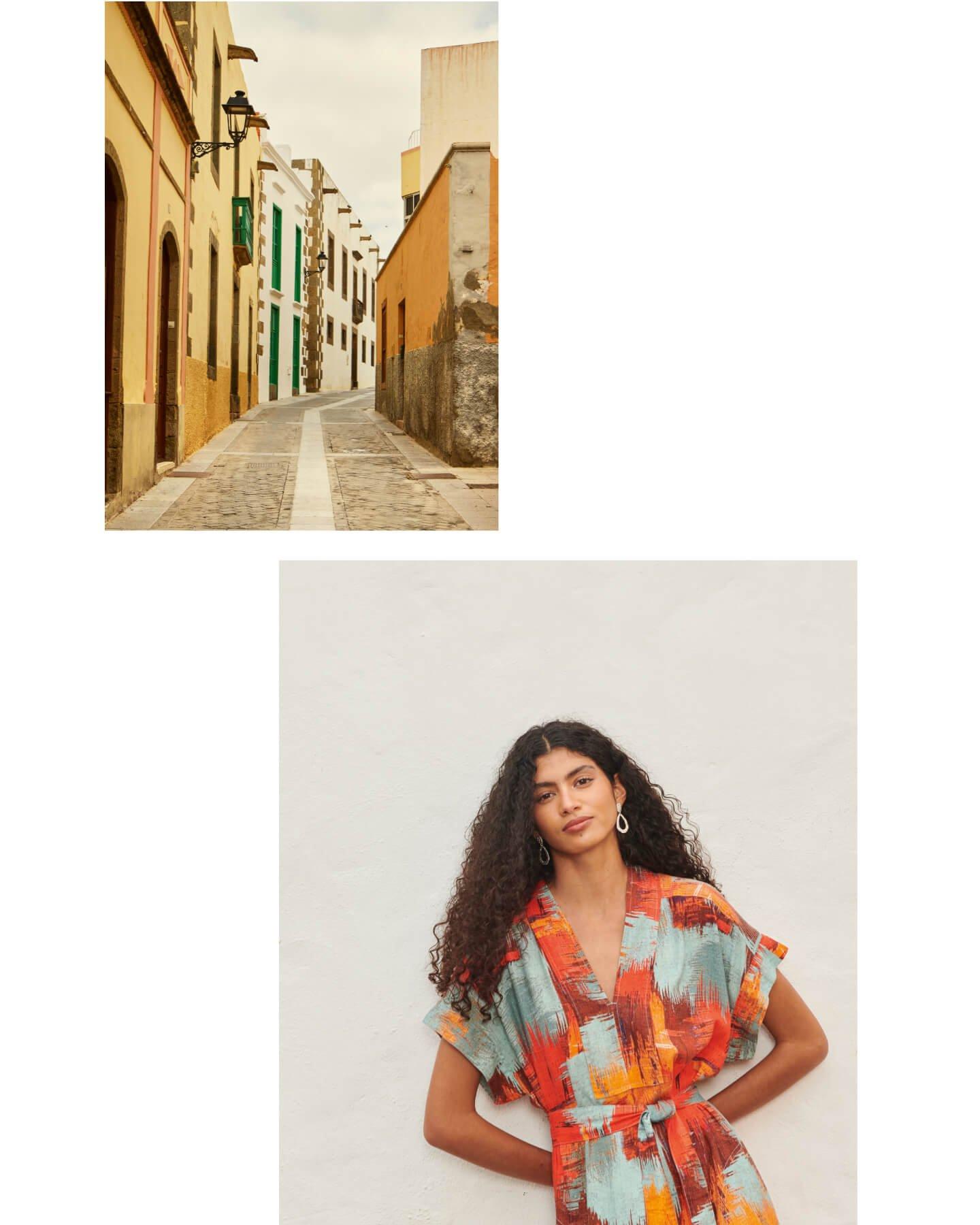 collage of cute street and woman in printed linen dress